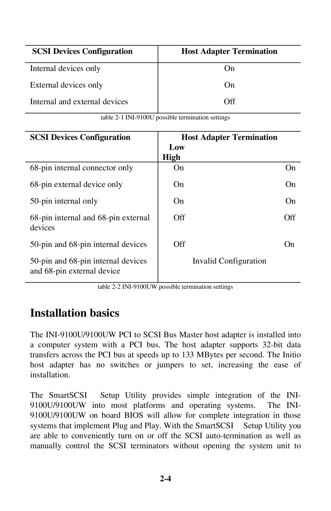 Initio INI-9100UW user manual Installation basics, Scsi Devices Configuration Host Adapter Termination 