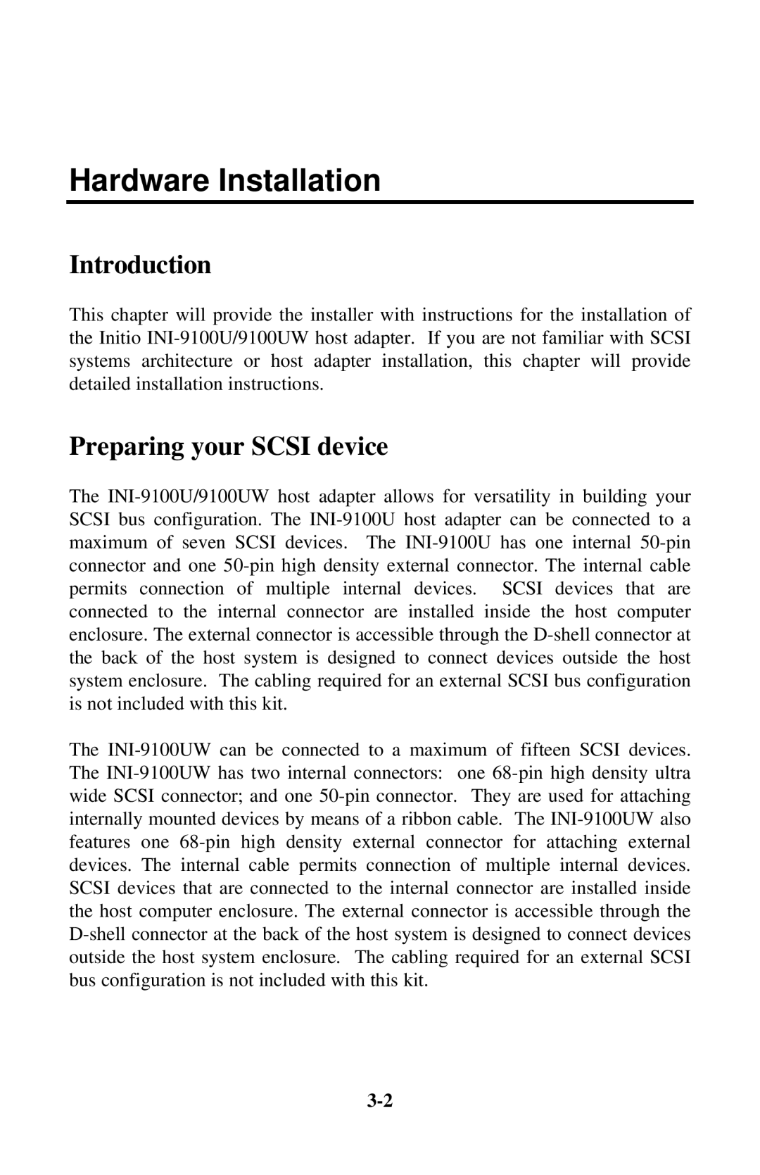 Initio INI-9100UW user manual Hardware Installation, Introduction, Preparing your Scsi device 