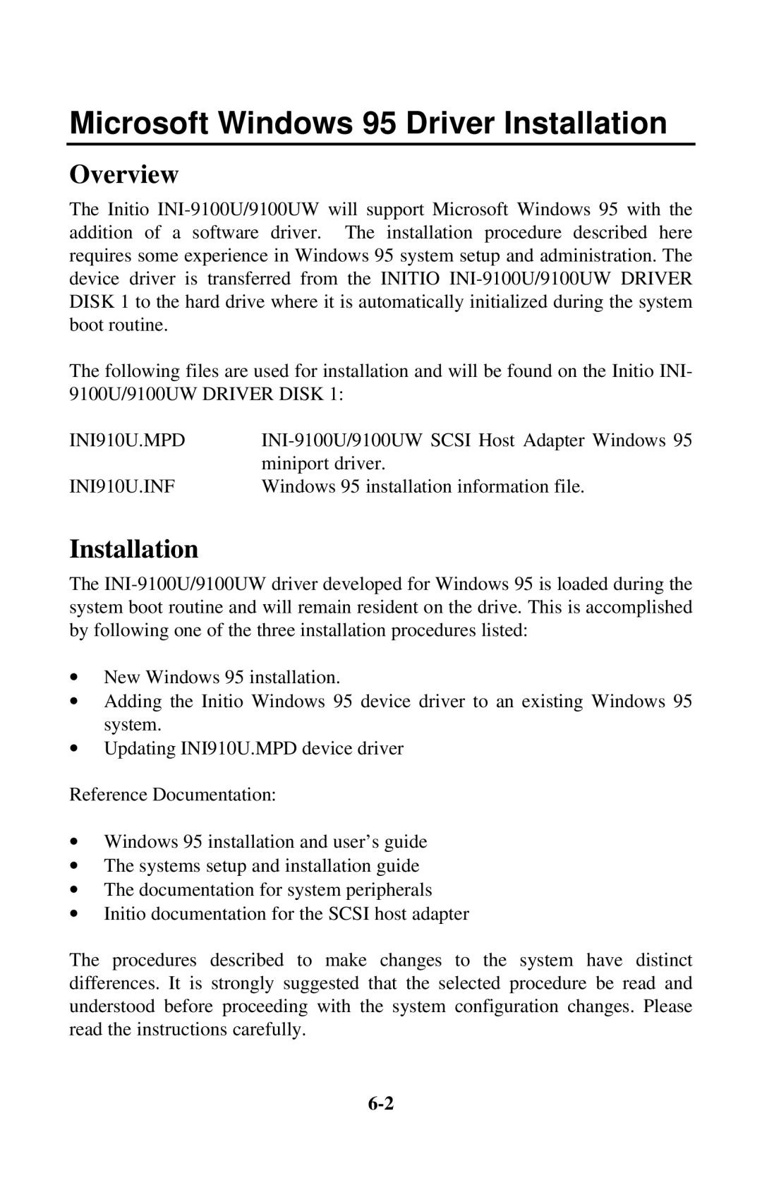 Initio INI-9100UW user manual Microsoft Windows 95 Driver Installation, Overview 