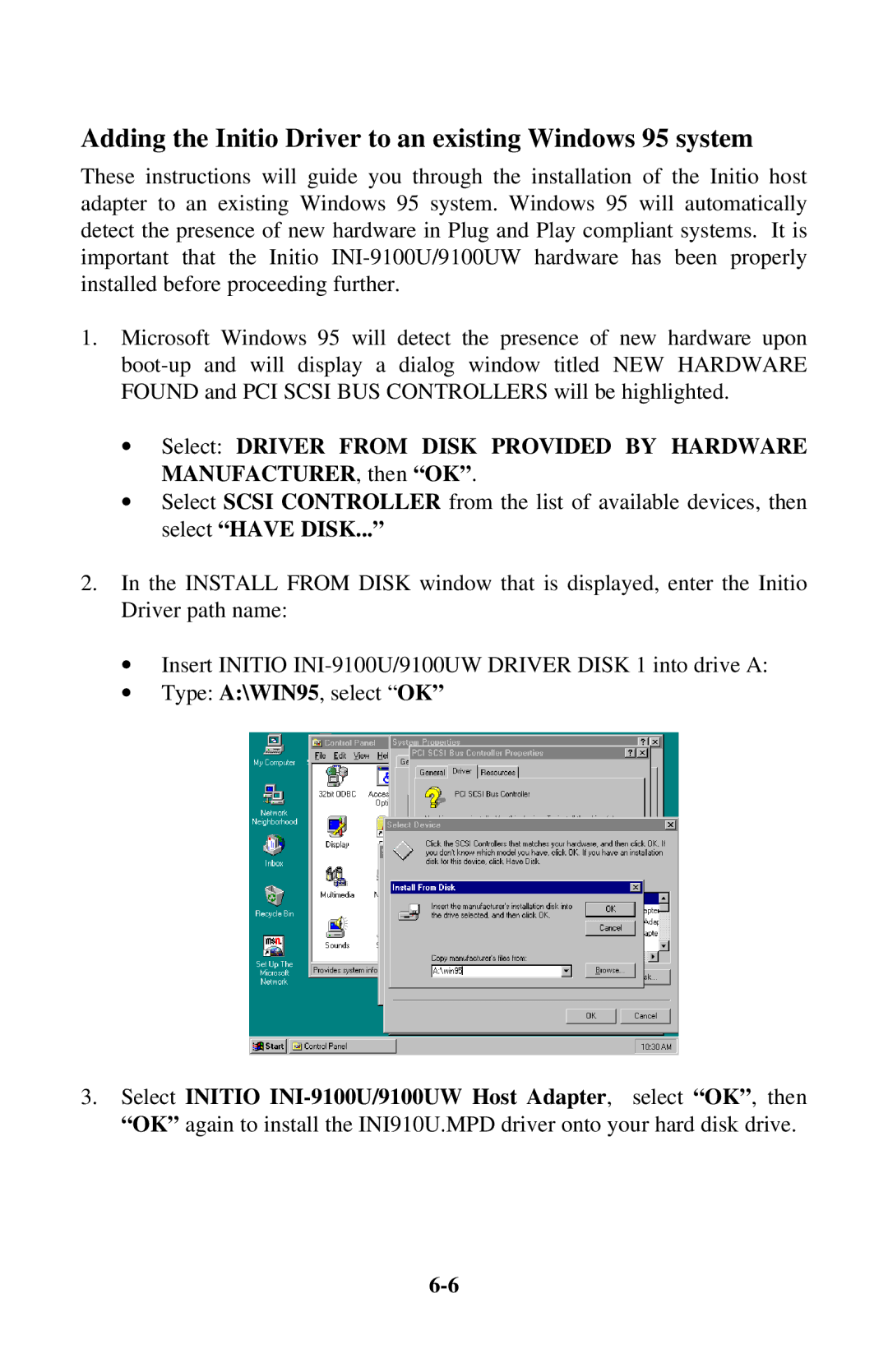 Initio INI-9100UW user manual Adding the Initio Driver to an existing Windows 95 system 