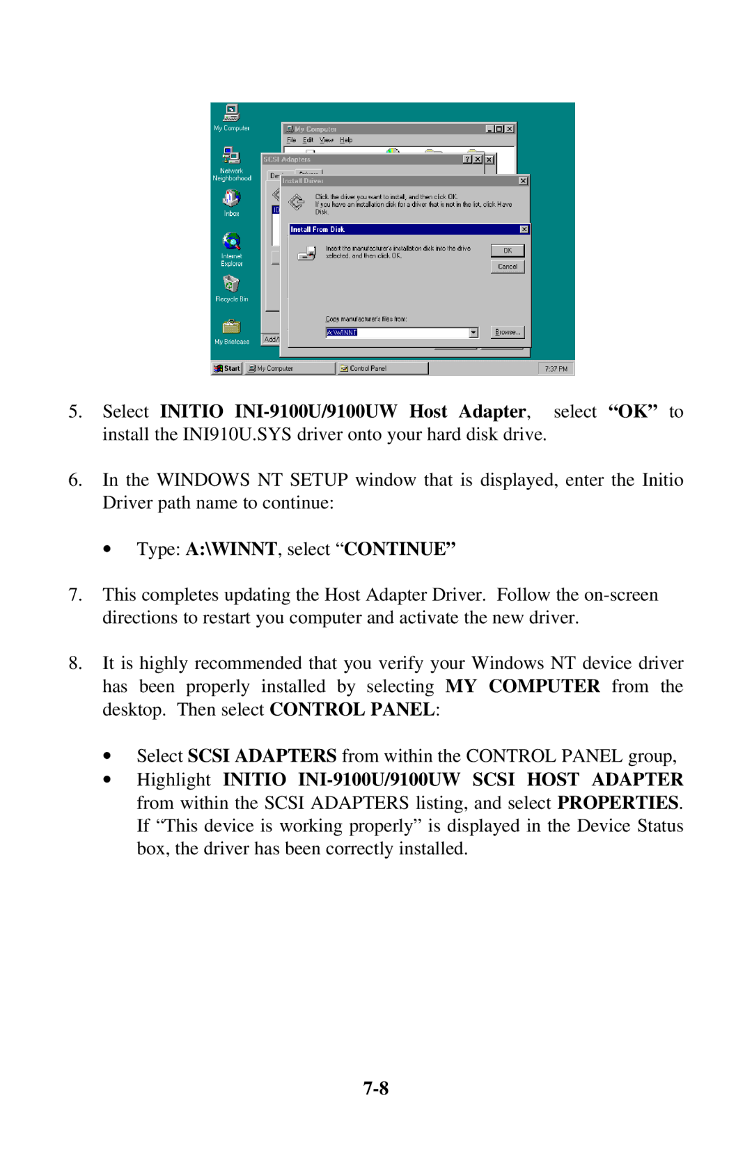 Initio INI-9100UW user manual ∙ Type A\WINNT, select Continue 