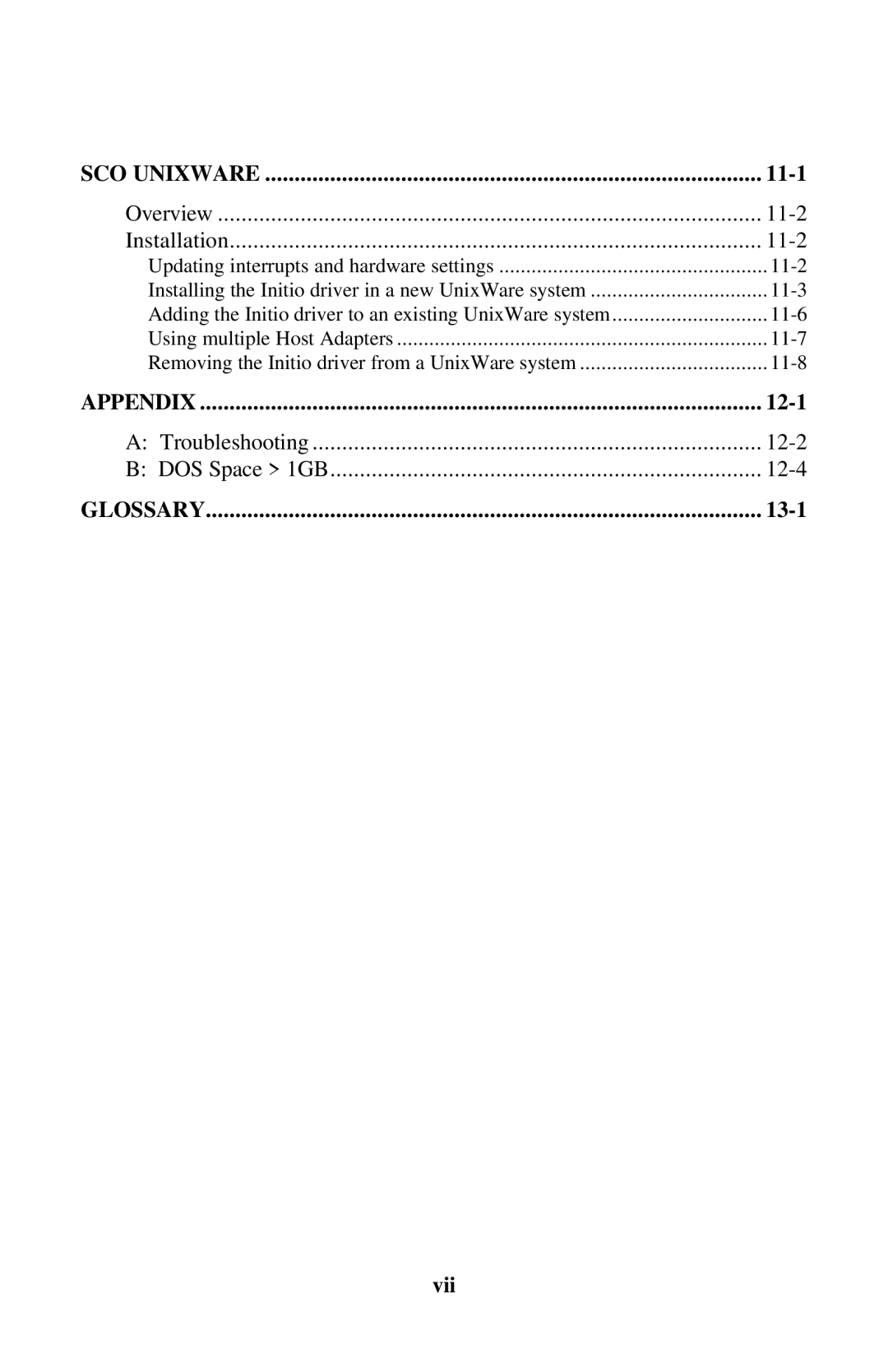 Initio INI-9100UW user manual 11-1, 12-1, 13-1, Vii 