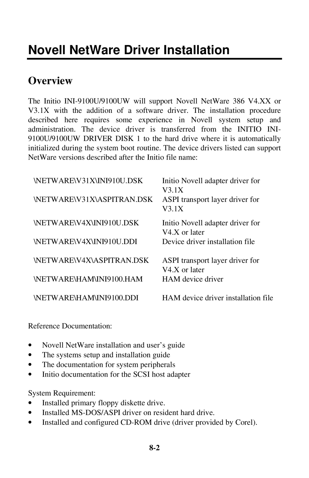 Initio INI-9100UW user manual Novell NetWare Driver Installation, NETWARE\HAM\INI9100.DDI 