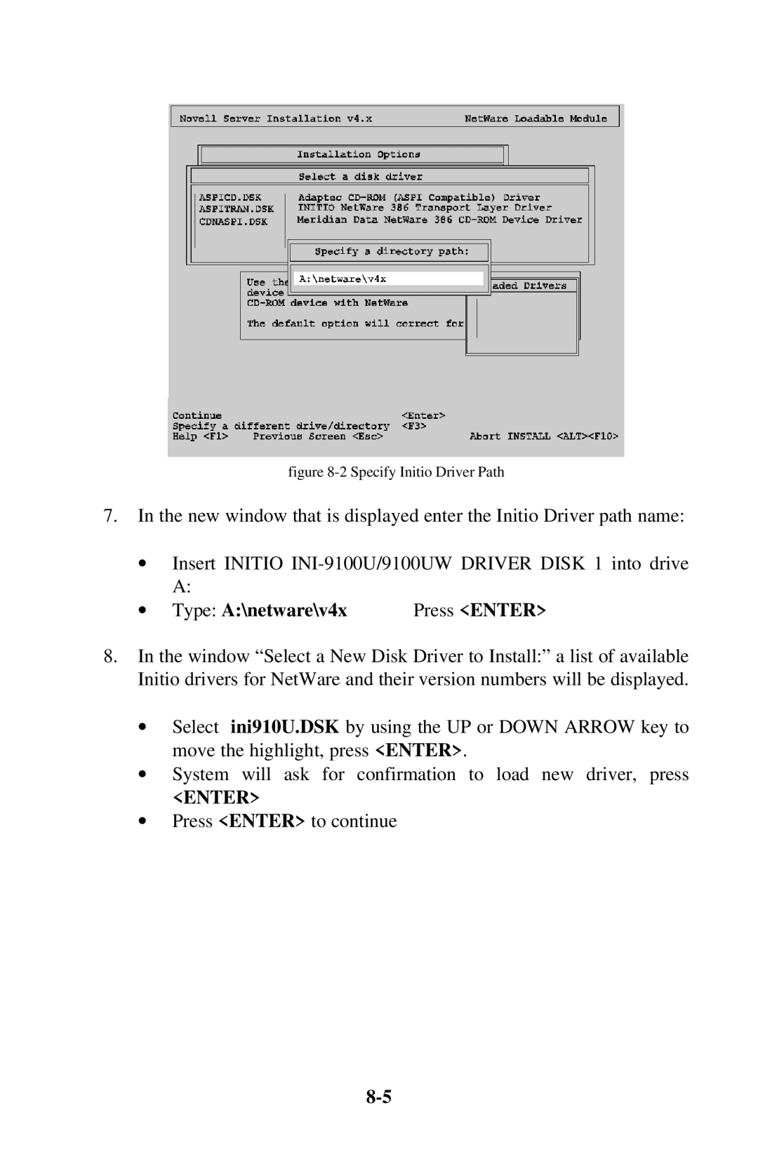 Initio INI-9100UW user manual ∙ Type A\netware\v4x Press Enter, Specify Initio Driver Path 