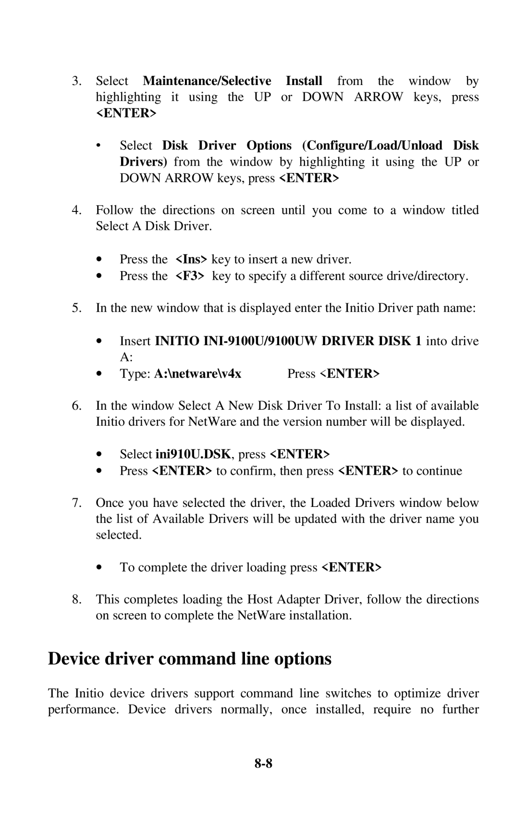 Initio INI-9100UW user manual Device driver command line options, ∙ Select ini910U.DSK, press Enter 