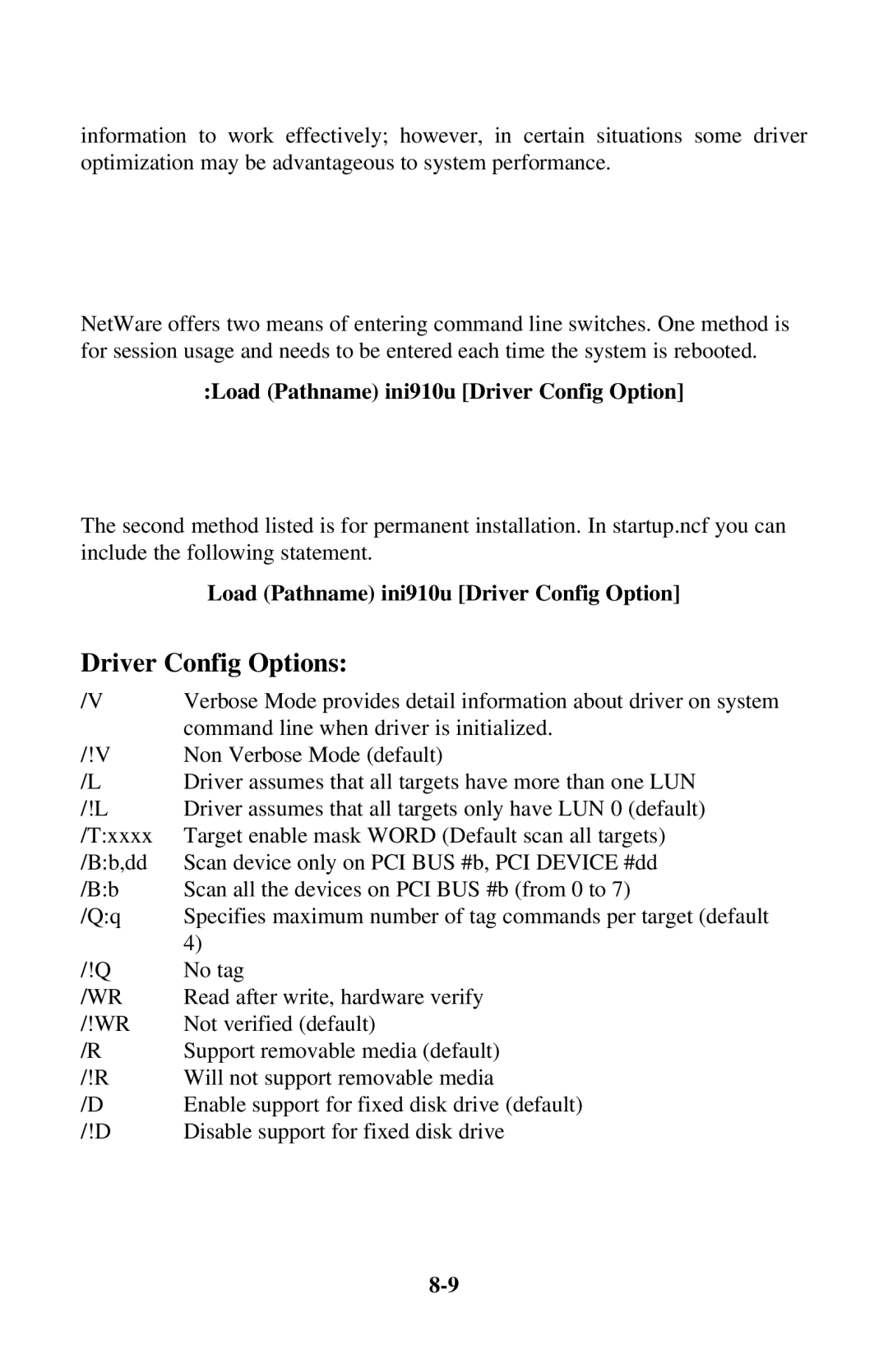 Initio INI-9100UW user manual Load Pathname ini910u Driver Config Option 