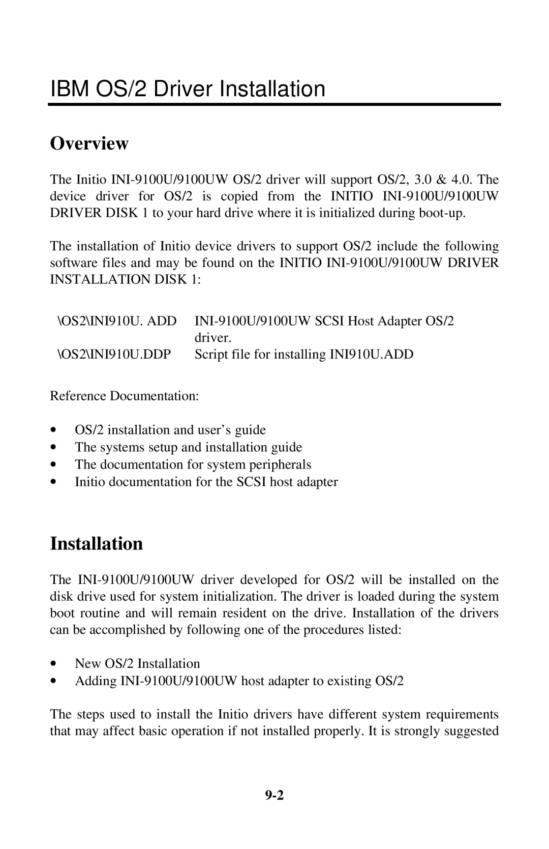 Initio INI-9100UW user manual IBM OS/2 Driver Installation, OS2\INI910U.DDP 