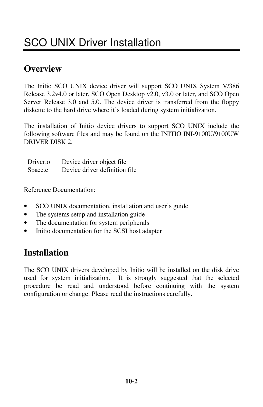 Initio INI-9100UW user manual SCO Unix Driver Installation, 10-2 