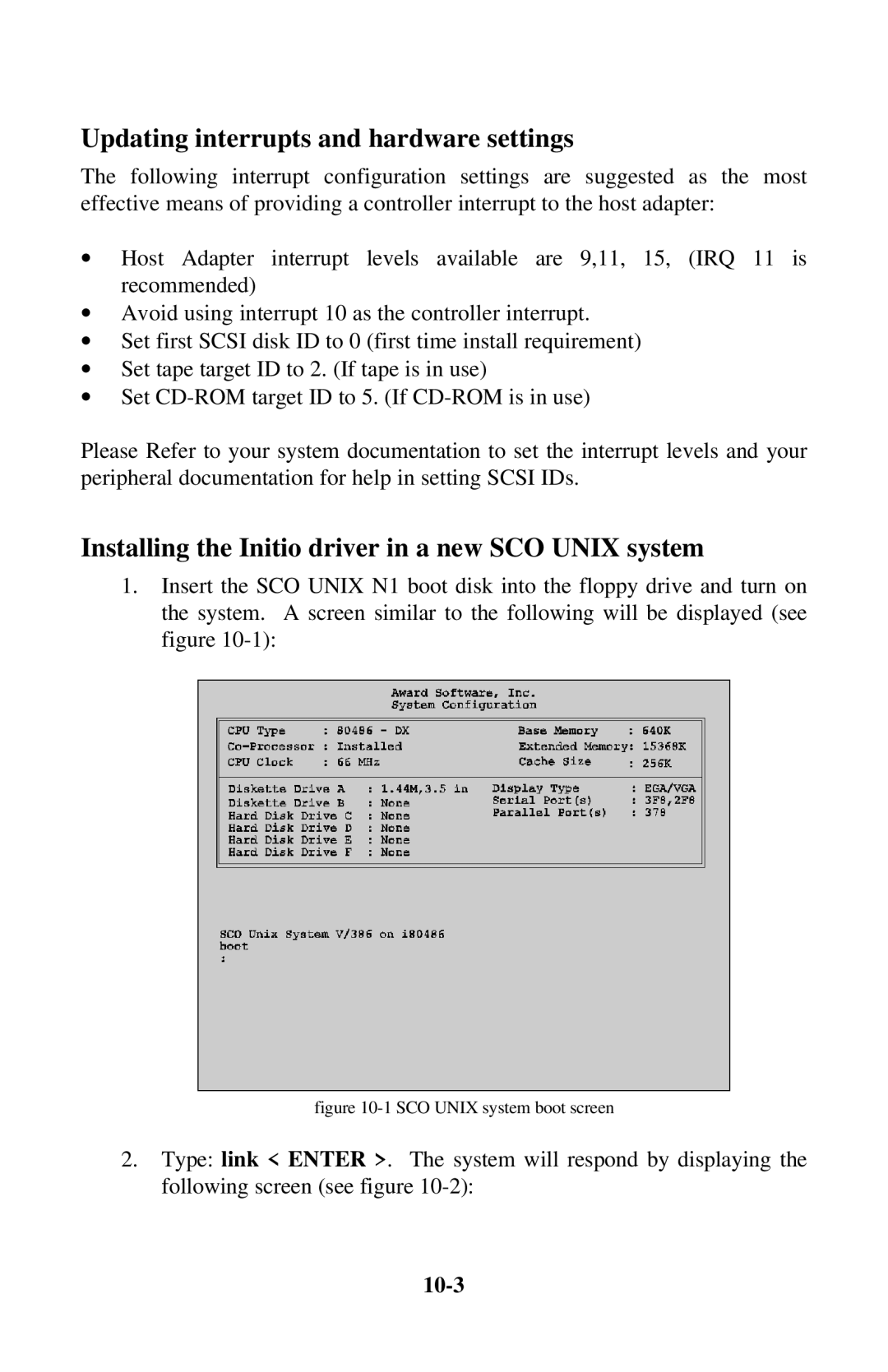 Initio INI-9100U Updating interrupts and hardware settings, Installing the Initio driver in a new SCO Unix system, 10-3 