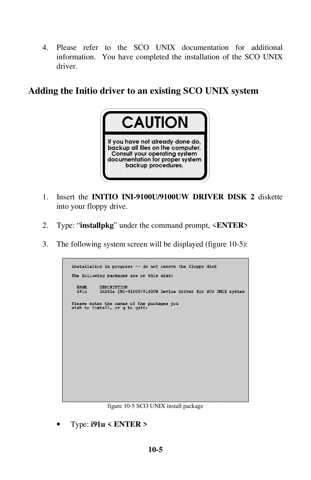 Initio INI-9100UW user manual Adding the Initio driver to an existing SCO Unix system, ∙ Type i91u Enter 10-5 