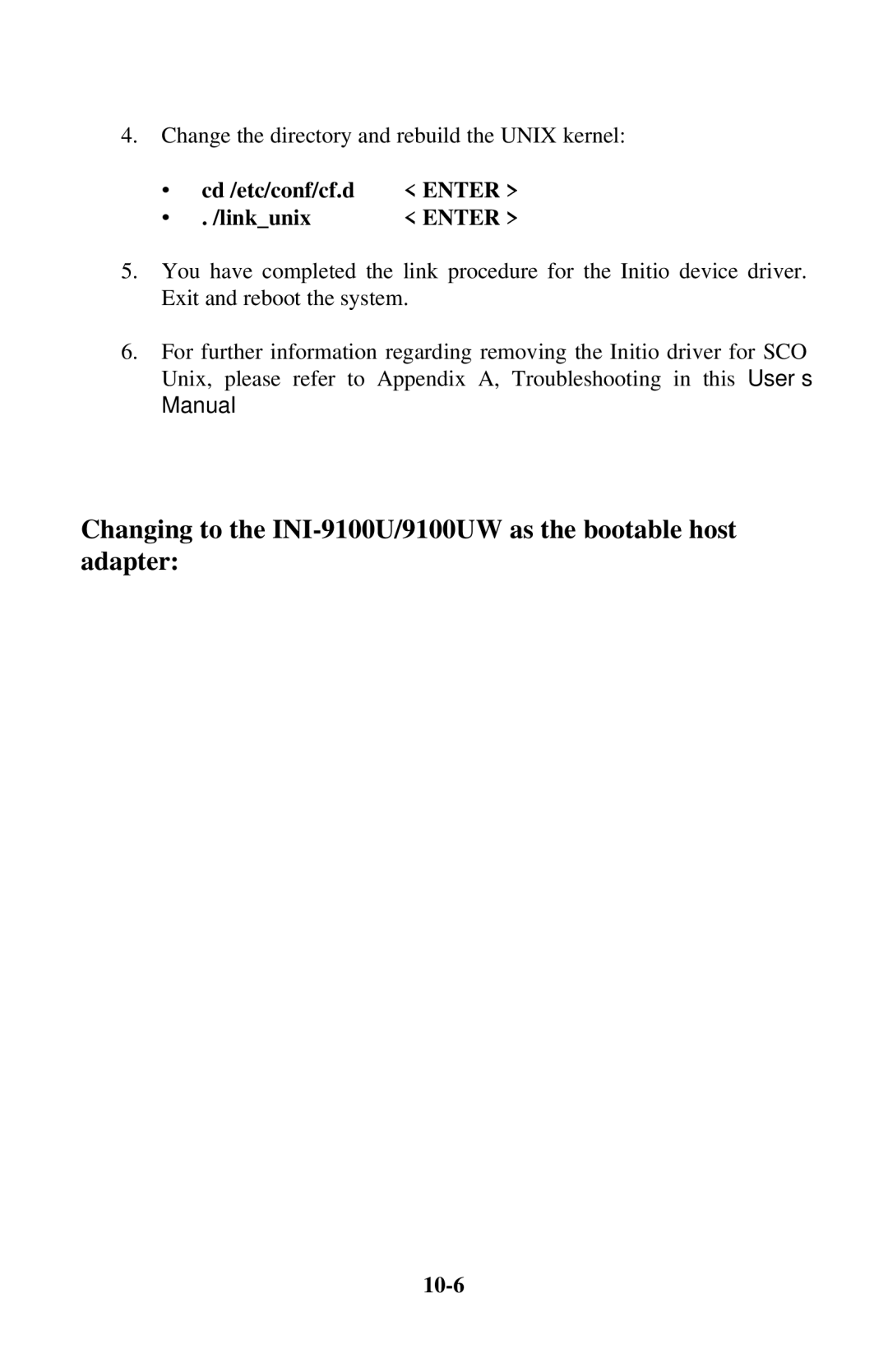 Initio INI-9100UW user manual Cd /etc/conf/cf.d, Linkunix, ∙ Type i91u Enter, 10-6 