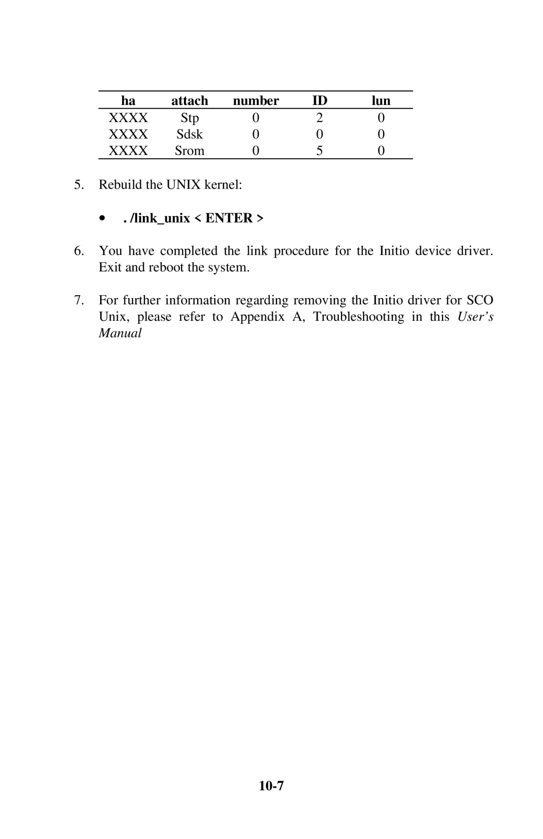 Initio INI-9100UW user manual Attach Number Lun, ∙ . /linkunix Enter, 10-7 