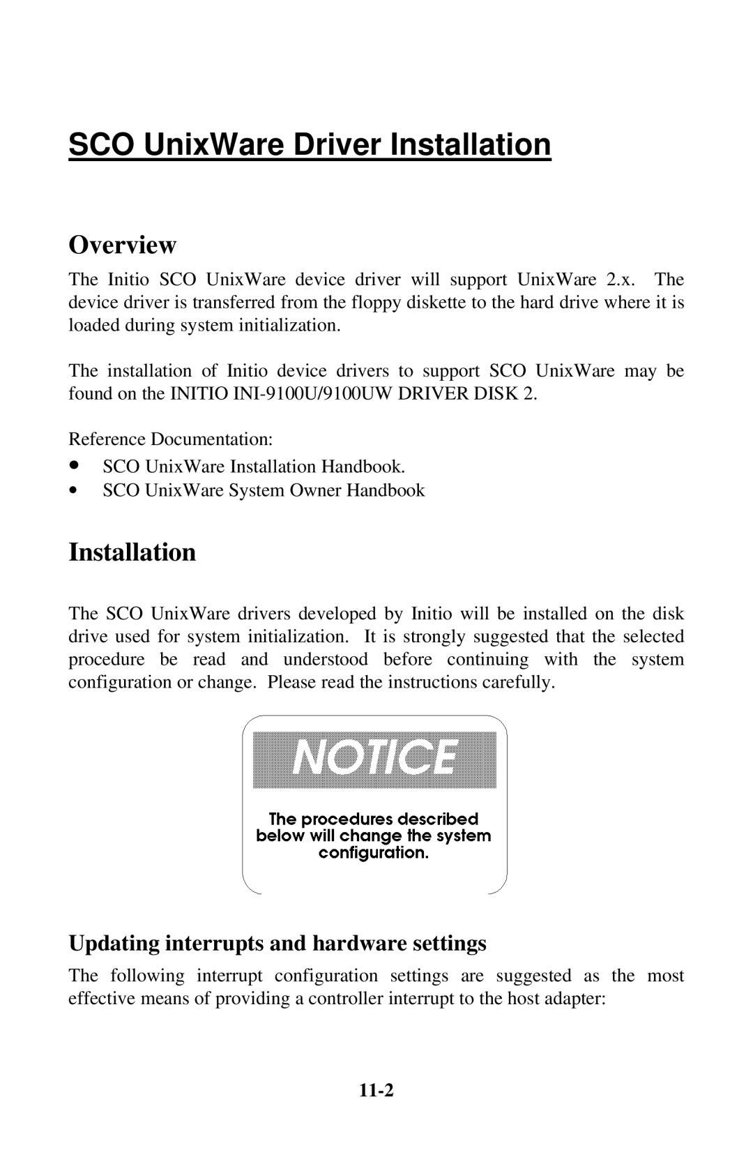 Initio INI-9100UW user manual SCO UnixWare Driver Installation, 11-2 