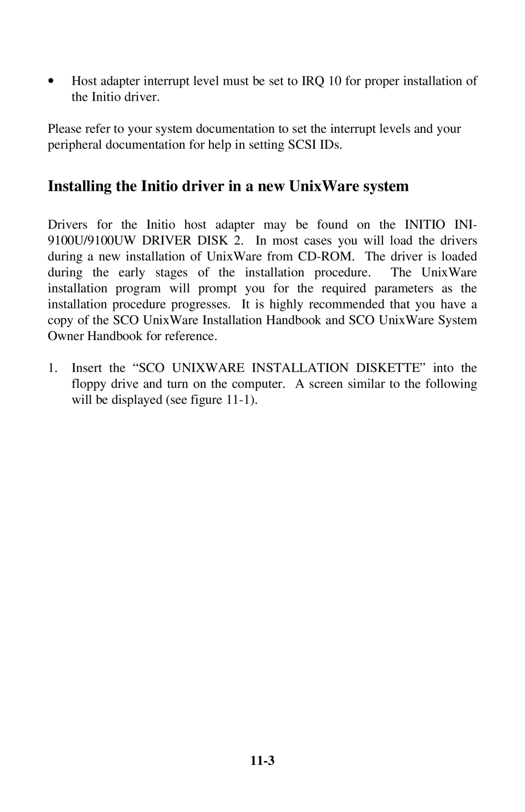 Initio INI-9100UW user manual Installing the Initio driver in a new UnixWare system, 11-3 