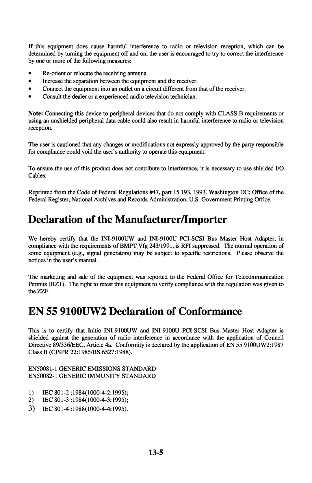 Initio INI-9100UW user manual Declaration of the Manufacturer/Importer, EN 55 9100UW2 Declaration of Conformance, 13-5 