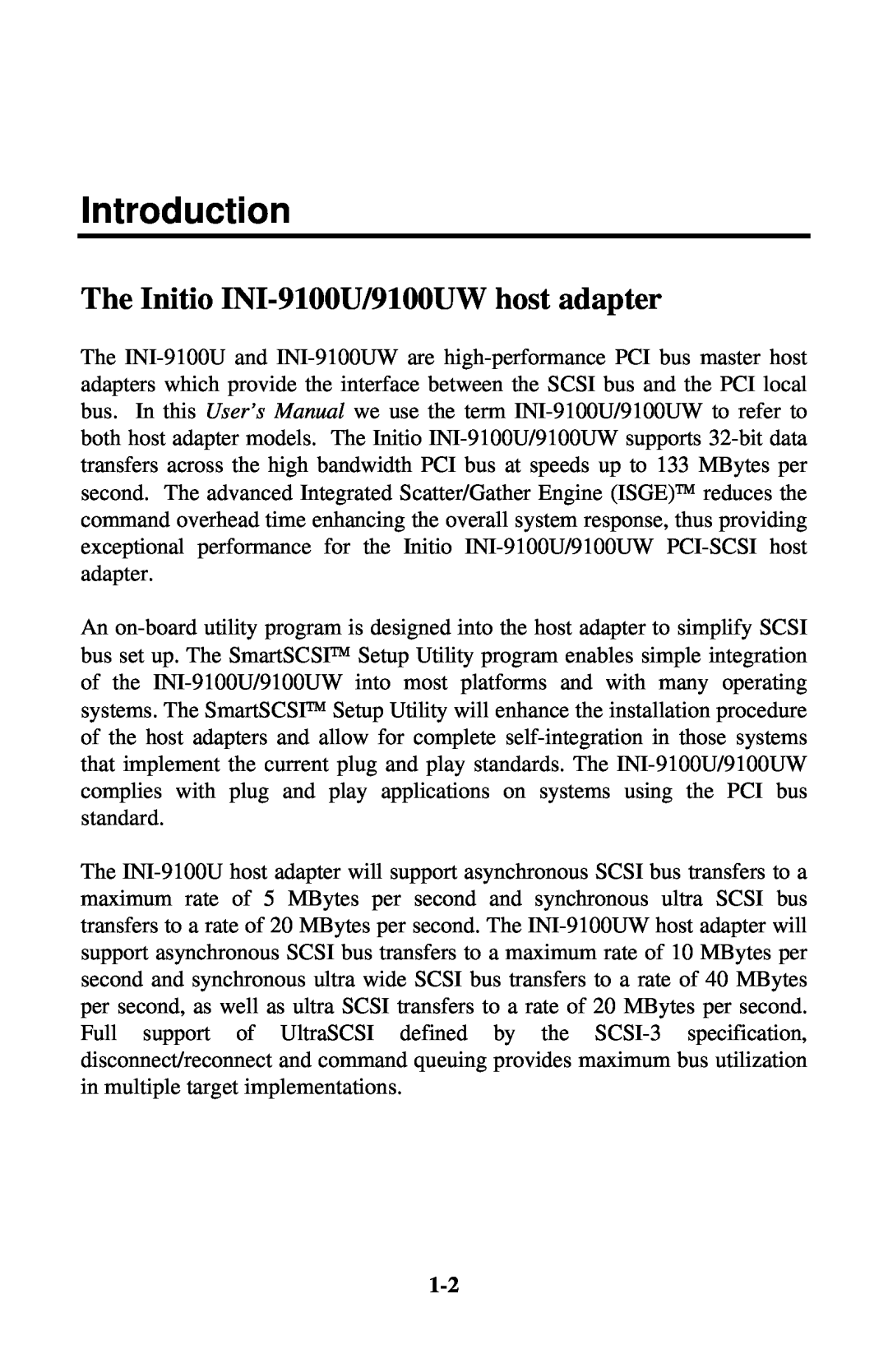 Initio INI-9100UW user manual Introduction, The Initio INI-9100U/9100UW host adapter 