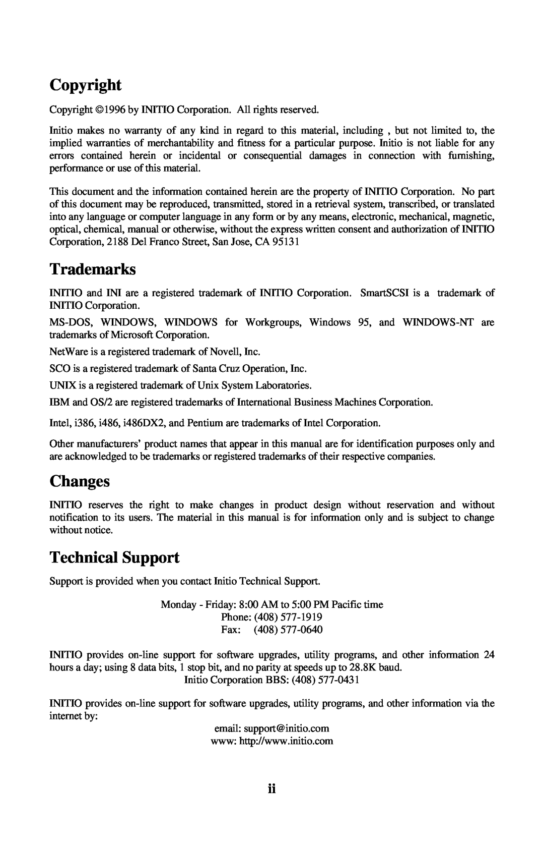Initio INI-9100UW user manual Copyright, Trademarks, Changes, Technical Support 