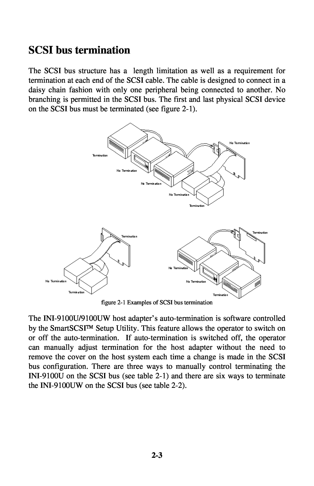 Initio INI-9100UW user manual 1 Examples of SCSI bus termination 