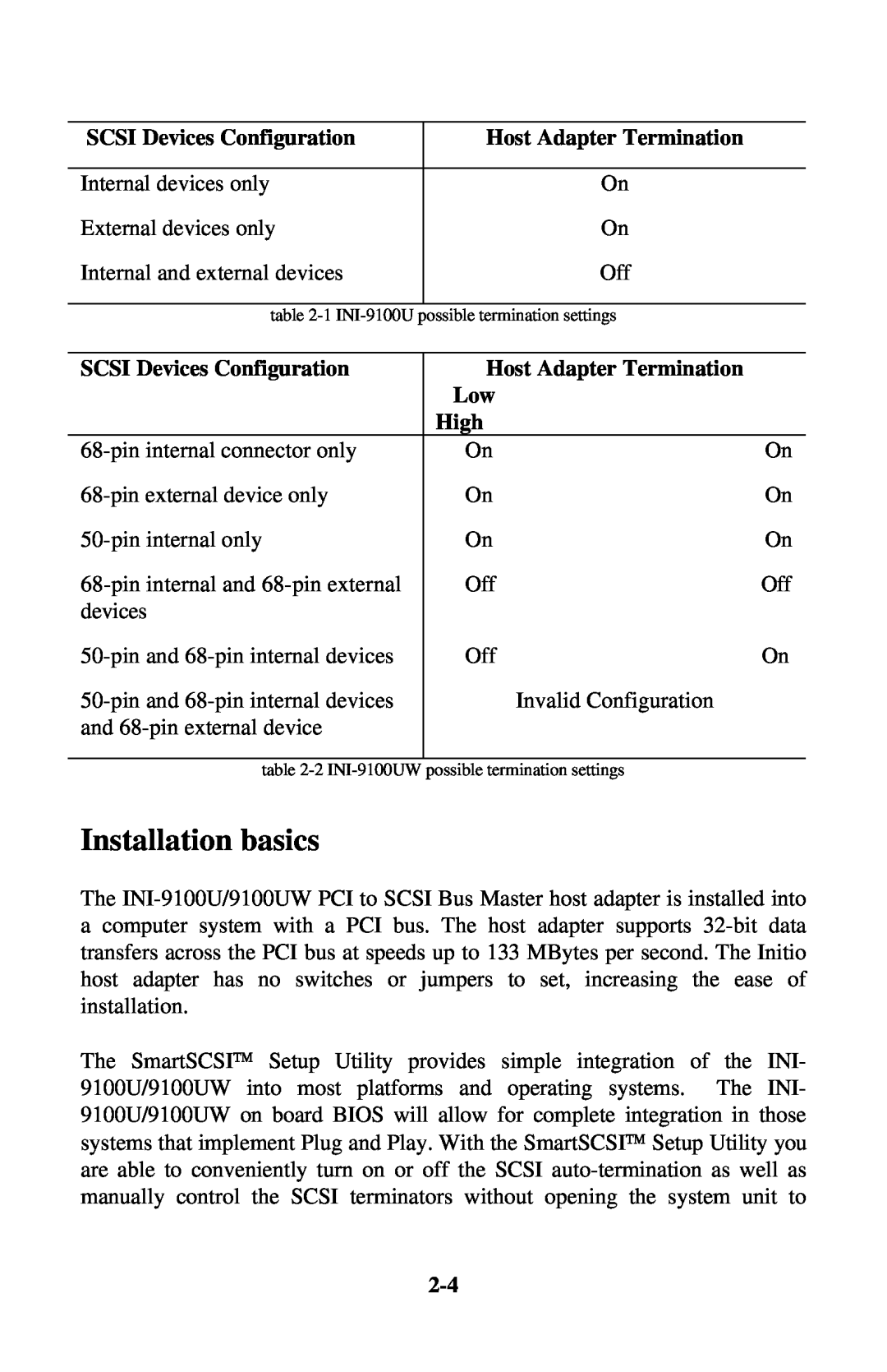 Initio INI-9100UW user manual Installation basics, SCSI Devices Configuration, Host Adapter Termination, High 