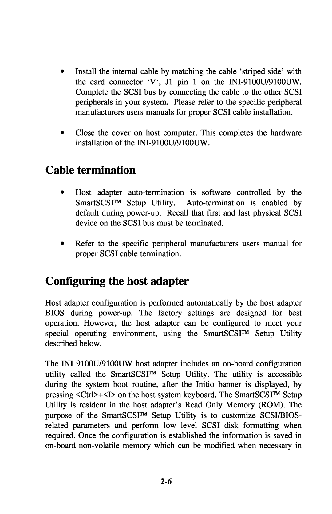 Initio INI-9100UW user manual Cable termination, Configuring the host adapter 