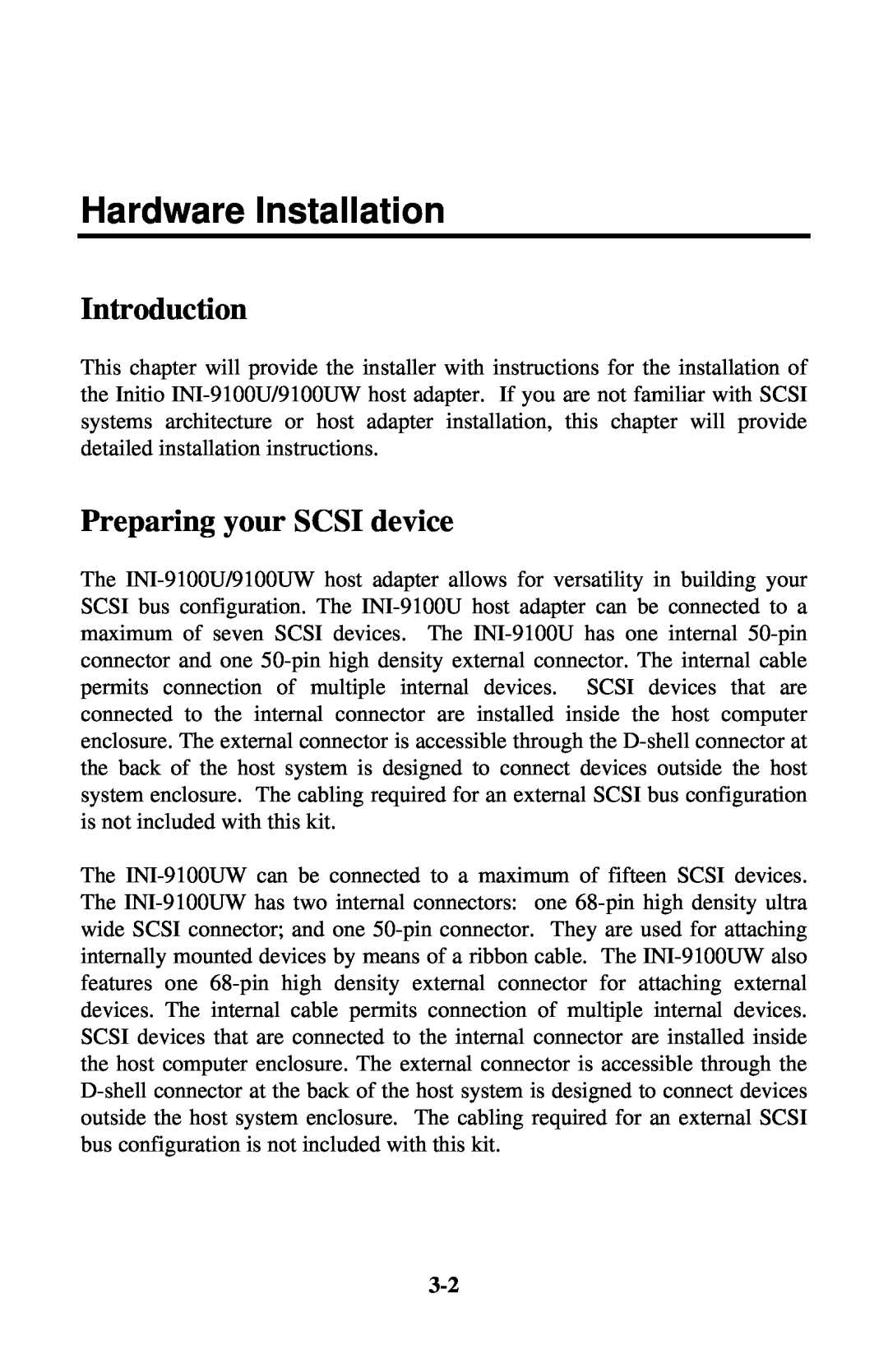 Initio INI-9100UW user manual Hardware Installation, Introduction, Preparing your SCSI device 
