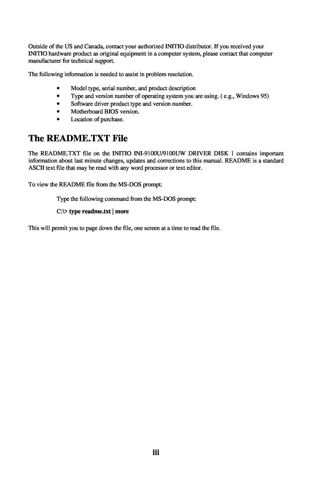Initio INI-9100UW user manual The README.TXT File, C\ type readme.txt more 