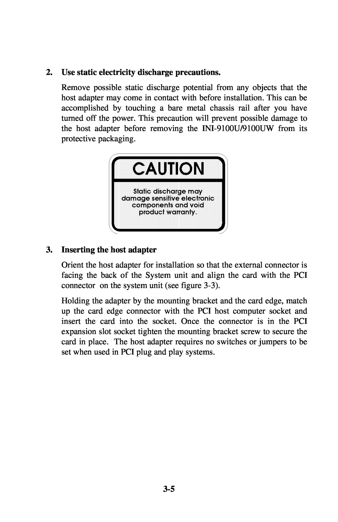 Initio INI-9100UW user manual Use static electricity discharge precautions, Inserting the host adapter 
