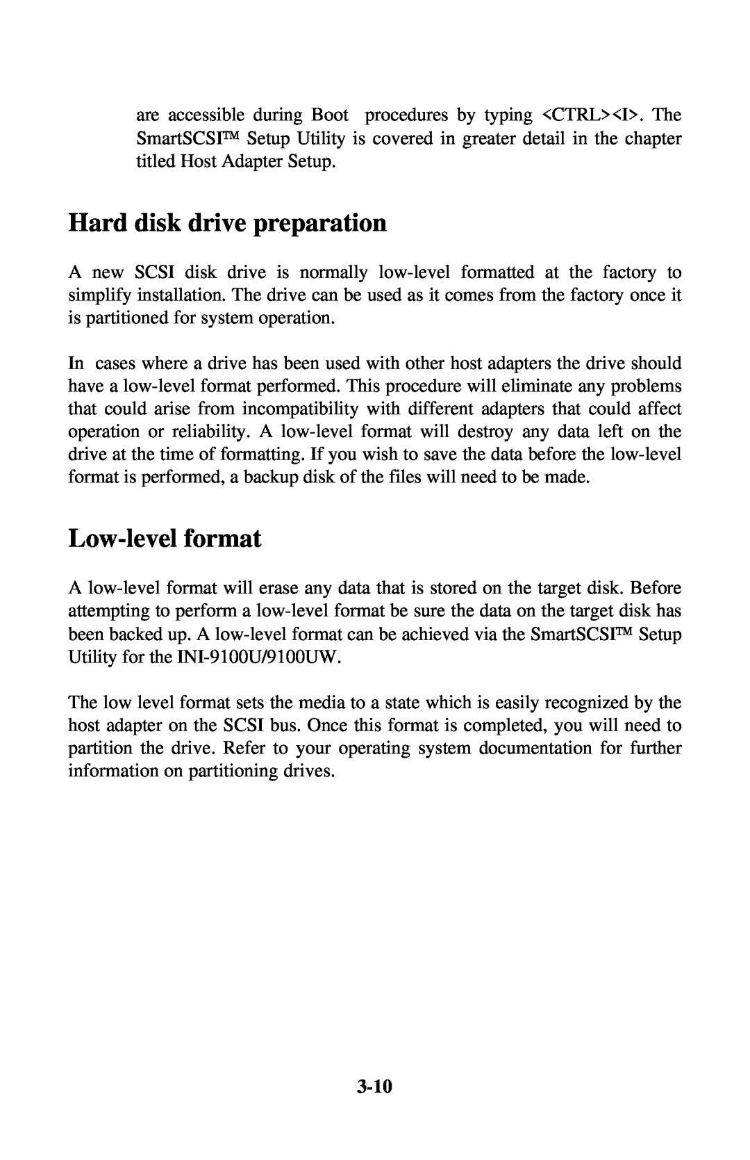 Initio INI-9100UW user manual Hard disk drive preparation, Low-level format, 3-10 