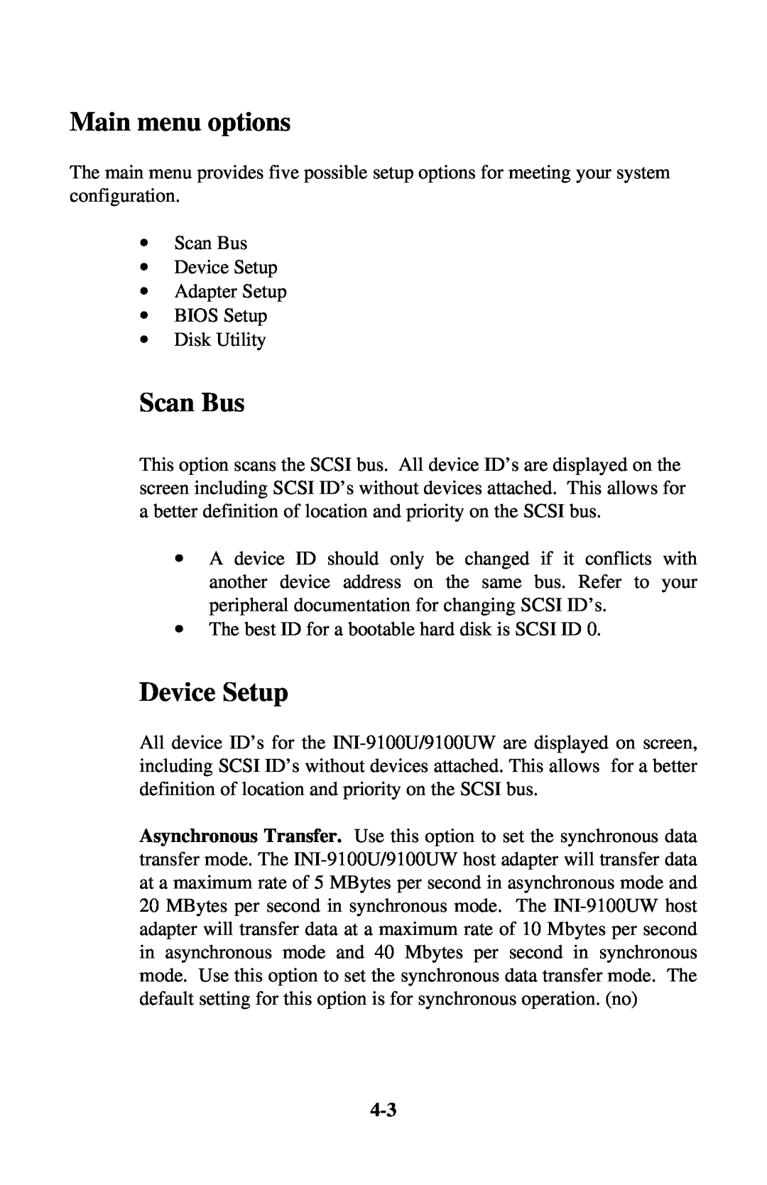 Initio INI-9100UW user manual Main menu options, Scan Bus, Device Setup 