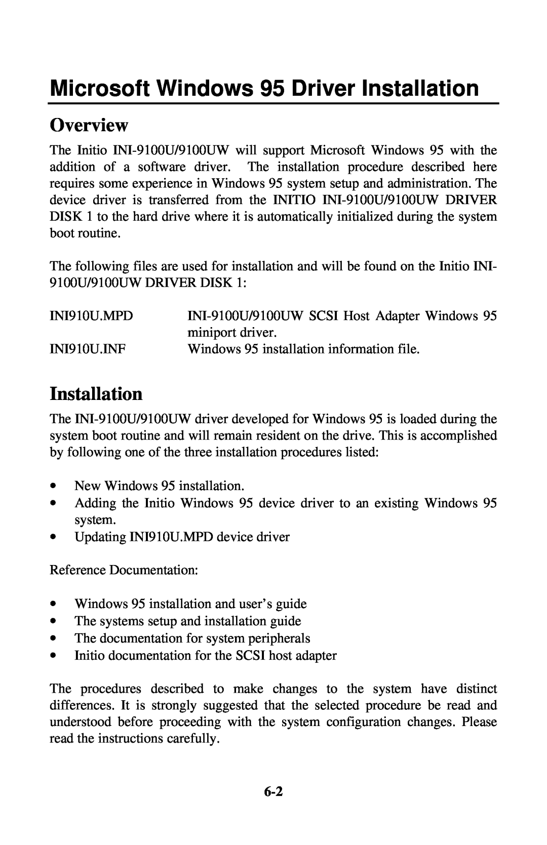 Initio INI-9100UW user manual Microsoft Windows 95 Driver Installation, Overview 