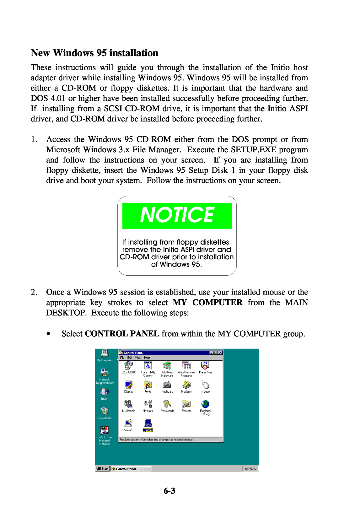 Initio INI-9100UW user manual New Windows 95 installation 