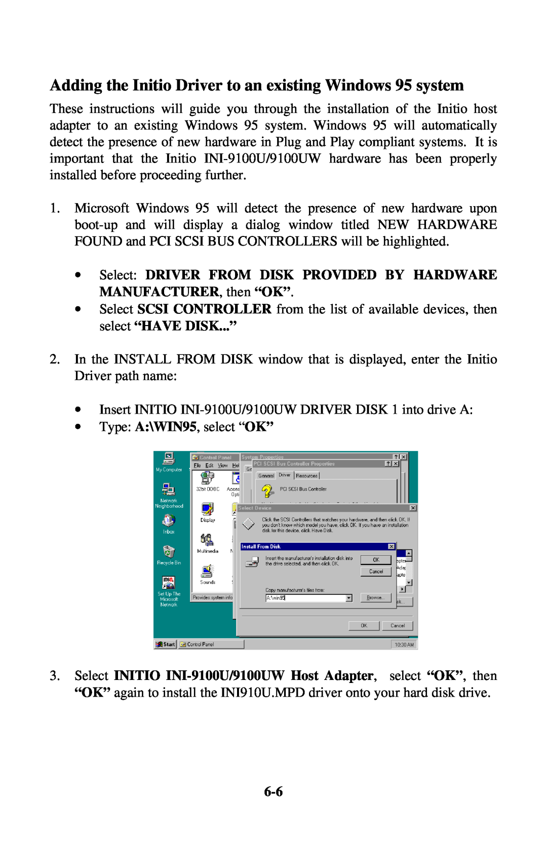 Initio INI-9100UW user manual Adding the Initio Driver to an existing Windows 95 system 