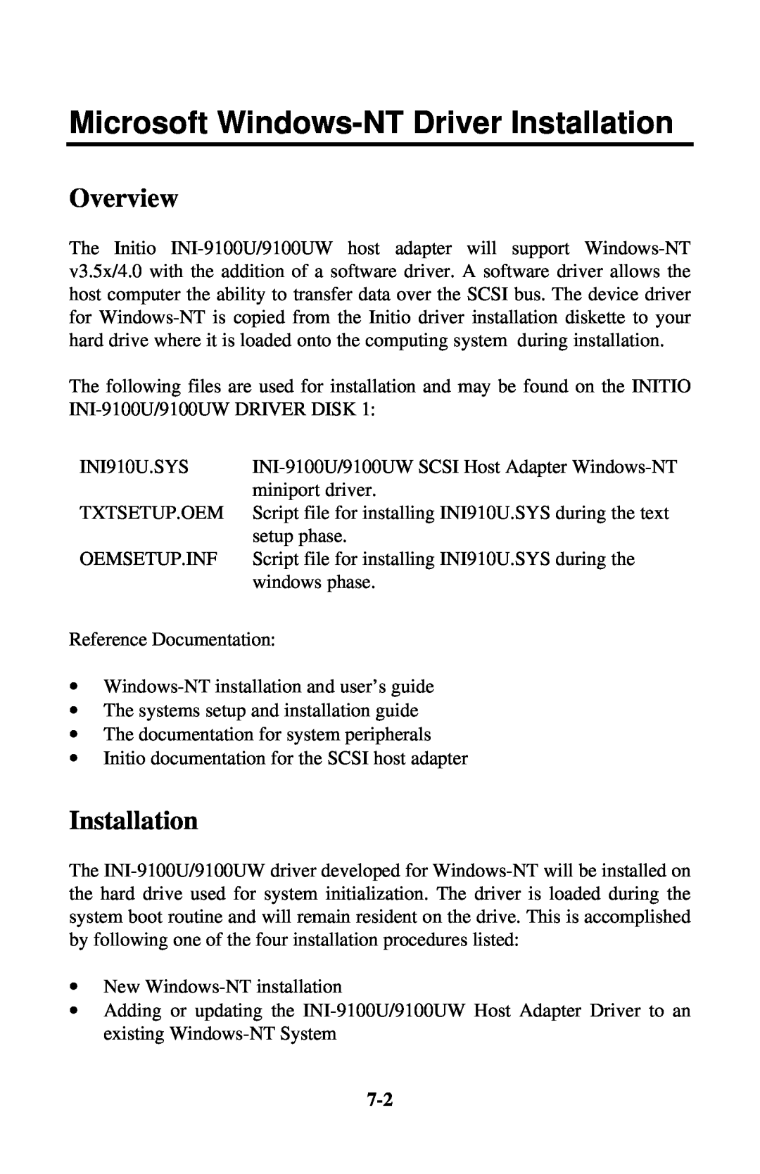 Initio INI-9100UW user manual Microsoft Windows-NT Driver Installation, Overview 
