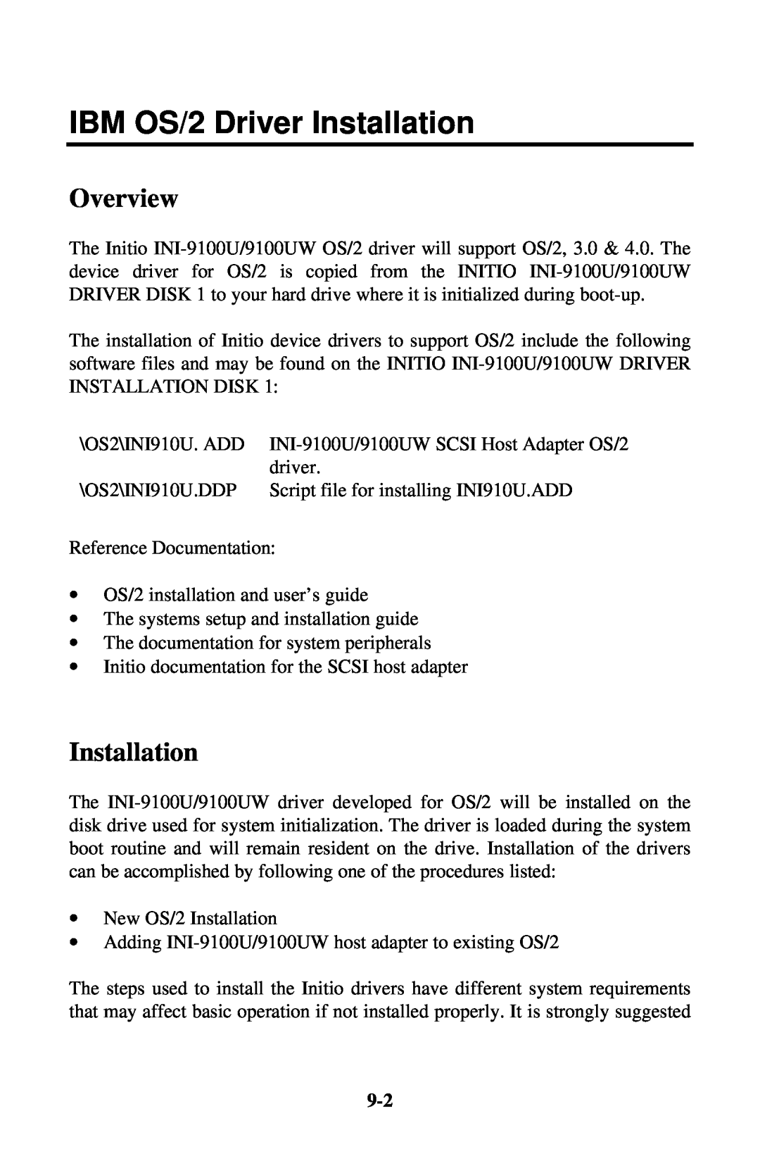 Initio INI-9100UW user manual IBM OS/2 Driver Installation, Overview 