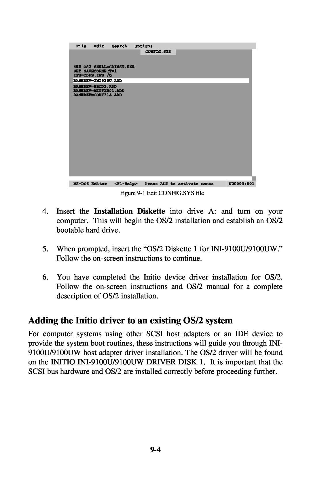 Initio INI-9100UW user manual Adding the Initio driver to an existing OS/2 system, 1 Edit CONFIG.SYS file 