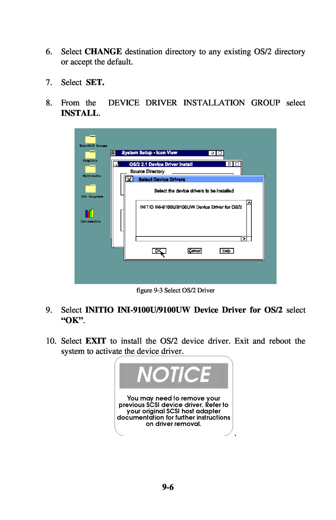 Initio INI-9100UW user manual Install, Select INITIO INI-9100U/9100UW Device Driver for OS/2 select “OK” 