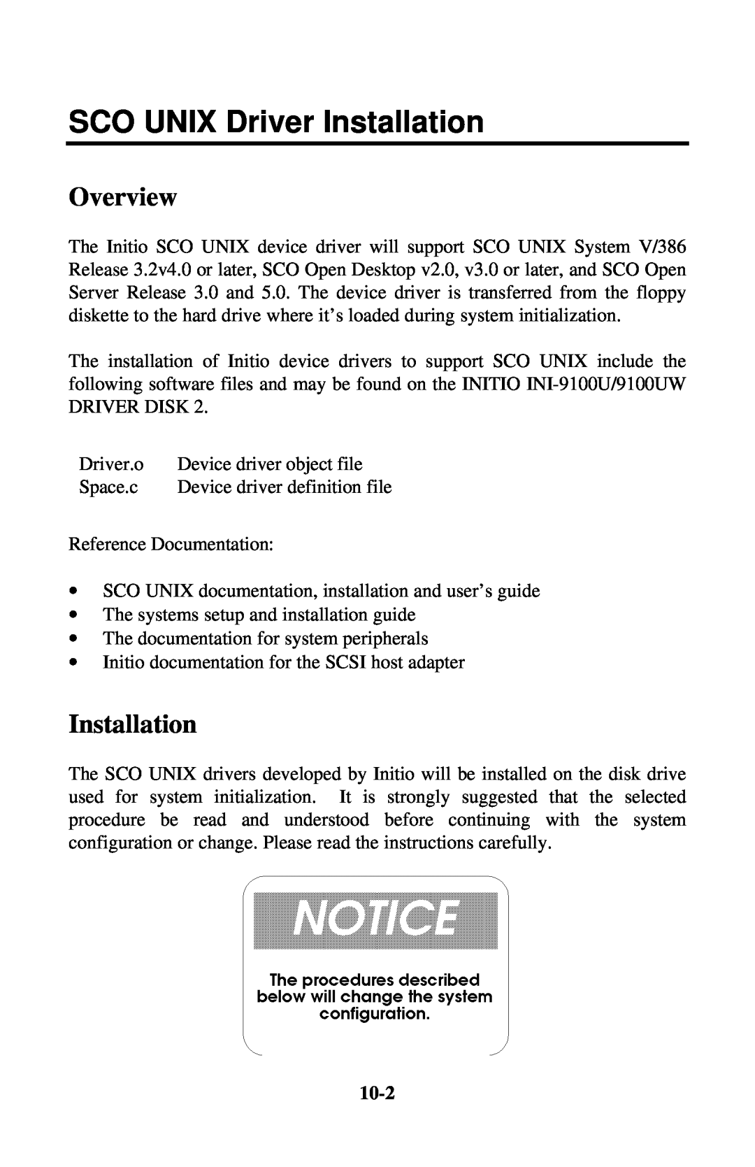 Initio INI-9100UW user manual SCO UNIX Driver Installation, 10-2, Overview 