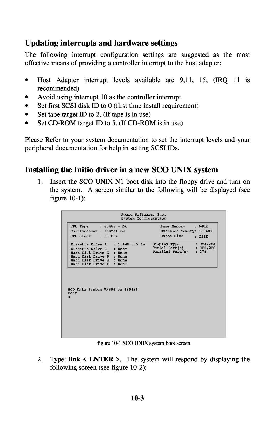 Initio INI-9100U Updating interrupts and hardware settings, Installing the Initio driver in a new SCO UNIX system, 10-3 