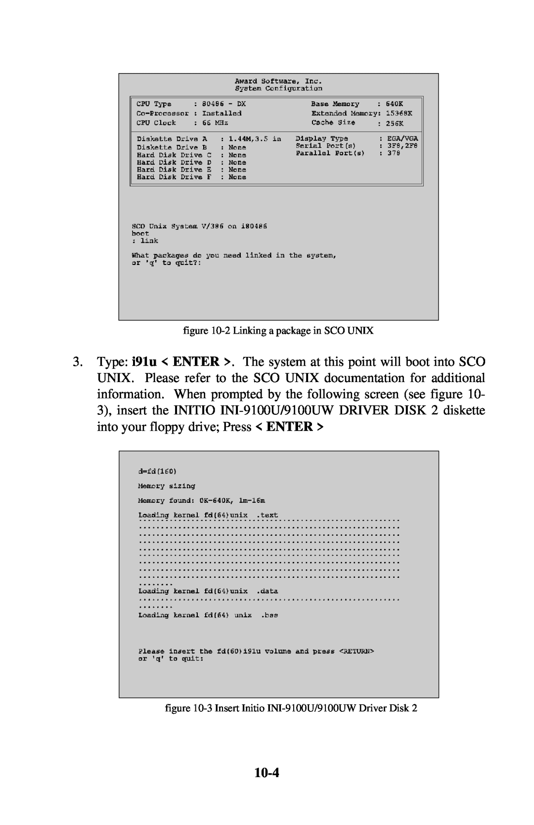 Initio INI-9100UW user manual 10-4, 2 Linking a package in SCO UNIX, 3 Insert Initio INI-9100U/9100UW Driver Disk 
