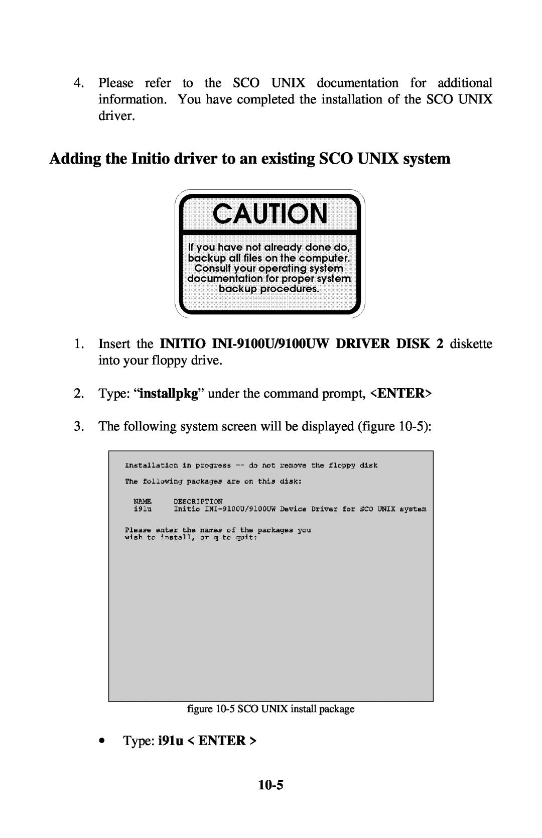 Initio INI-9100UW user manual Adding the Initio driver to an existing SCO UNIX system, ∙ Type i91u ENTER, 10-5 