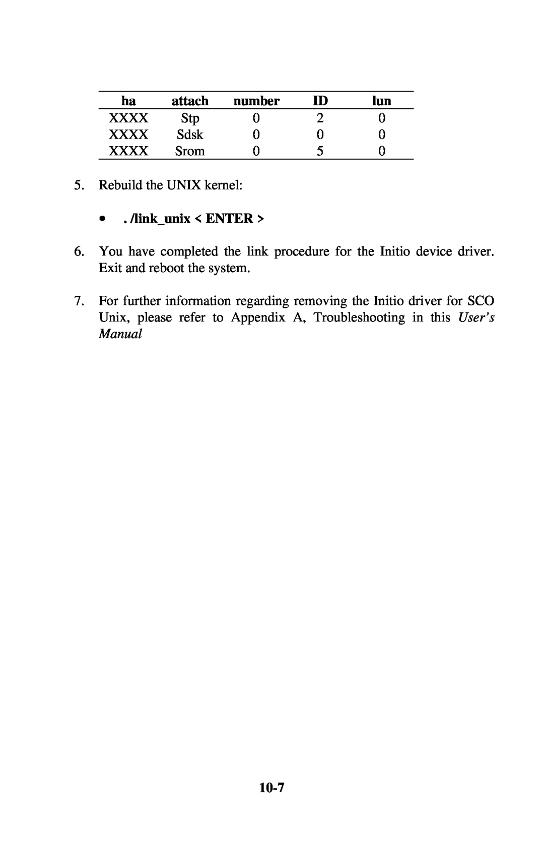 Initio INI-9100UW user manual attach, number, ∙ . /linkunix ENTER, 10-7, Sdsk 