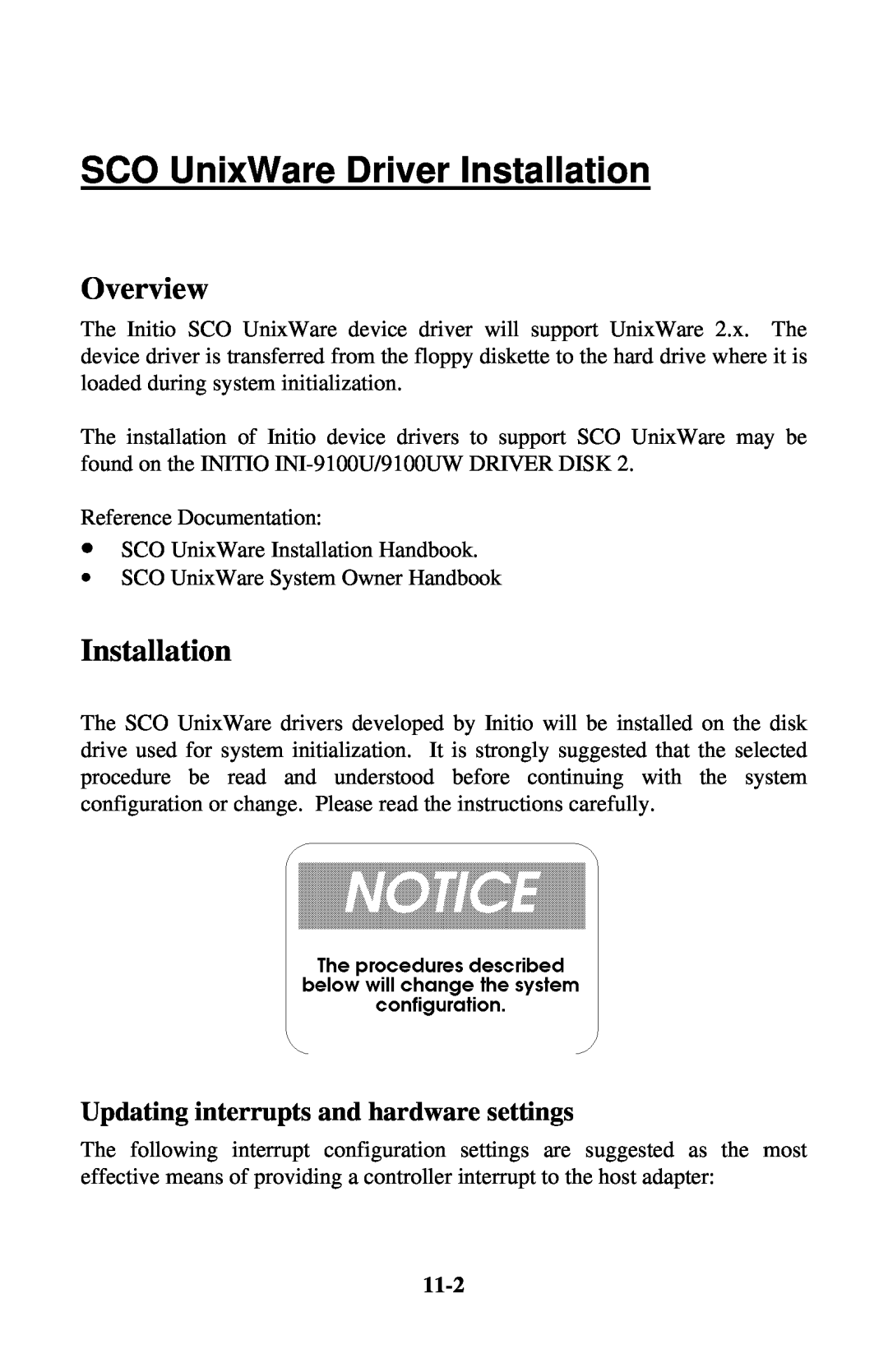Initio INI-9100UW user manual SCO UnixWare Driver Installation, 11-2, Overview, Updating interrupts and hardware settings 