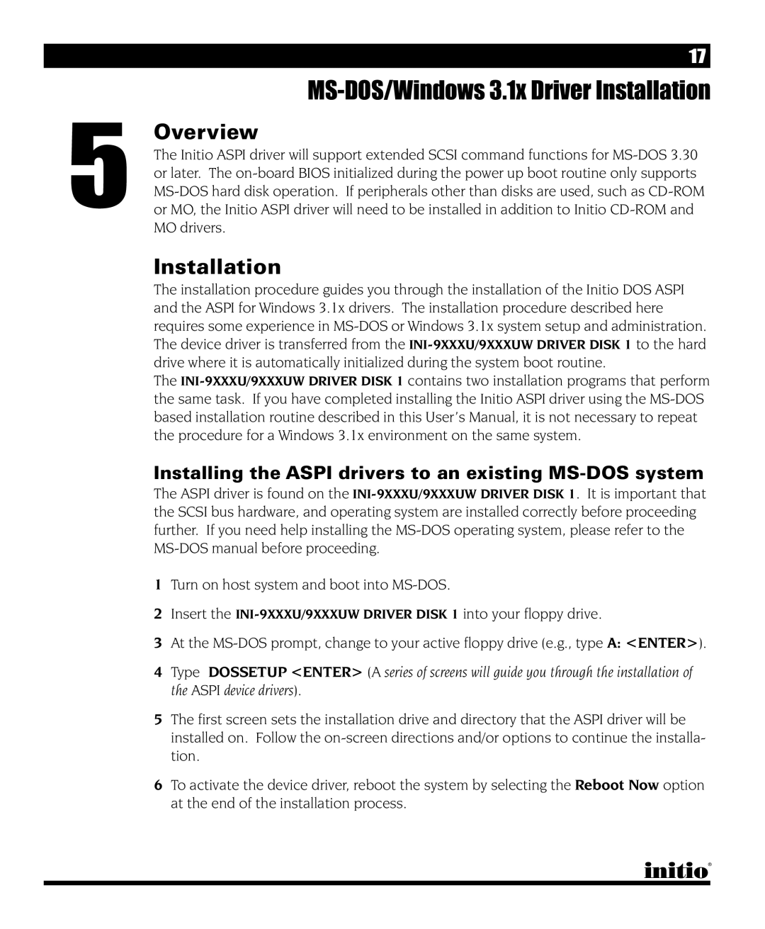 Initio I/O HIGHWAY manual MS-DOS/Windows 3.1x Driver Installation, Overview 