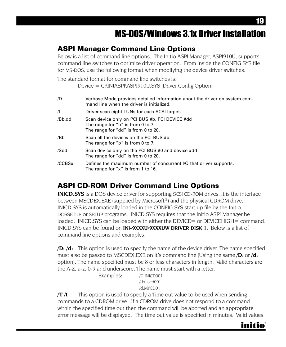 Initio I/O HIGHWAY manual Aspi Manager Command Line Options, Aspi CD-ROM Driver Command Line Options 