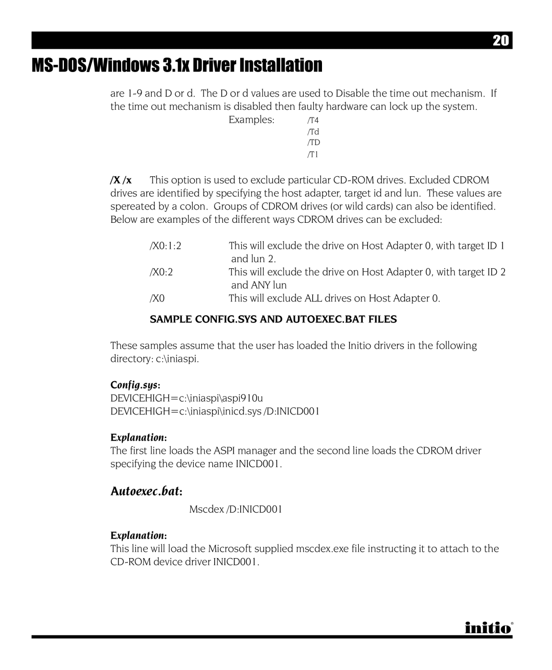 Initio I/O HIGHWAY manual Autoexec.bat, Sample CONFIG.SYS and AUTOEXEC.BAT Files 