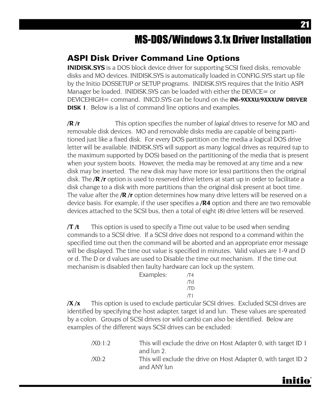 Initio I/O HIGHWAY manual Aspi Disk Driver Command Line Options 