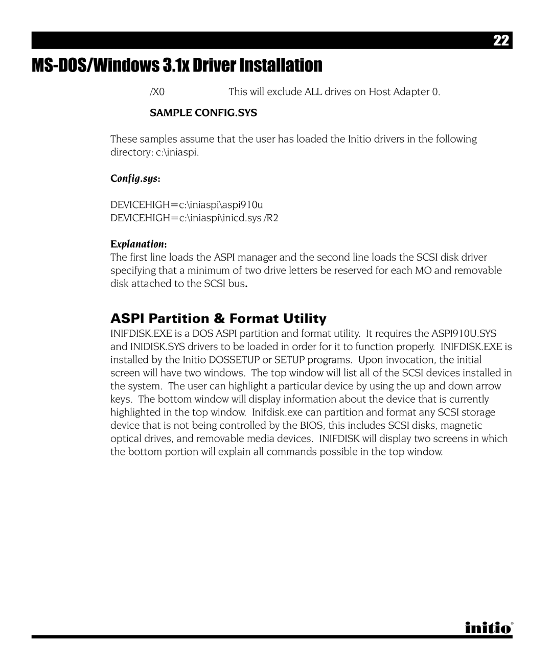 Initio I/O HIGHWAY manual Aspi Partition & Format Utility, Sample CONFIG.SYS 