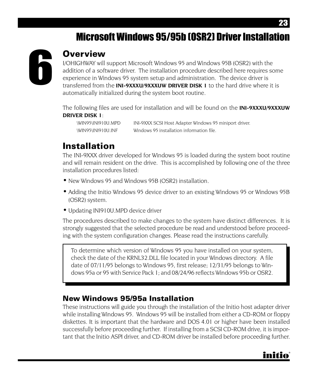 Initio I/O HIGHWAY manual Microsoft Windows 95/95b OSR2 Driver Installation, New Windows 95/95a Installation 