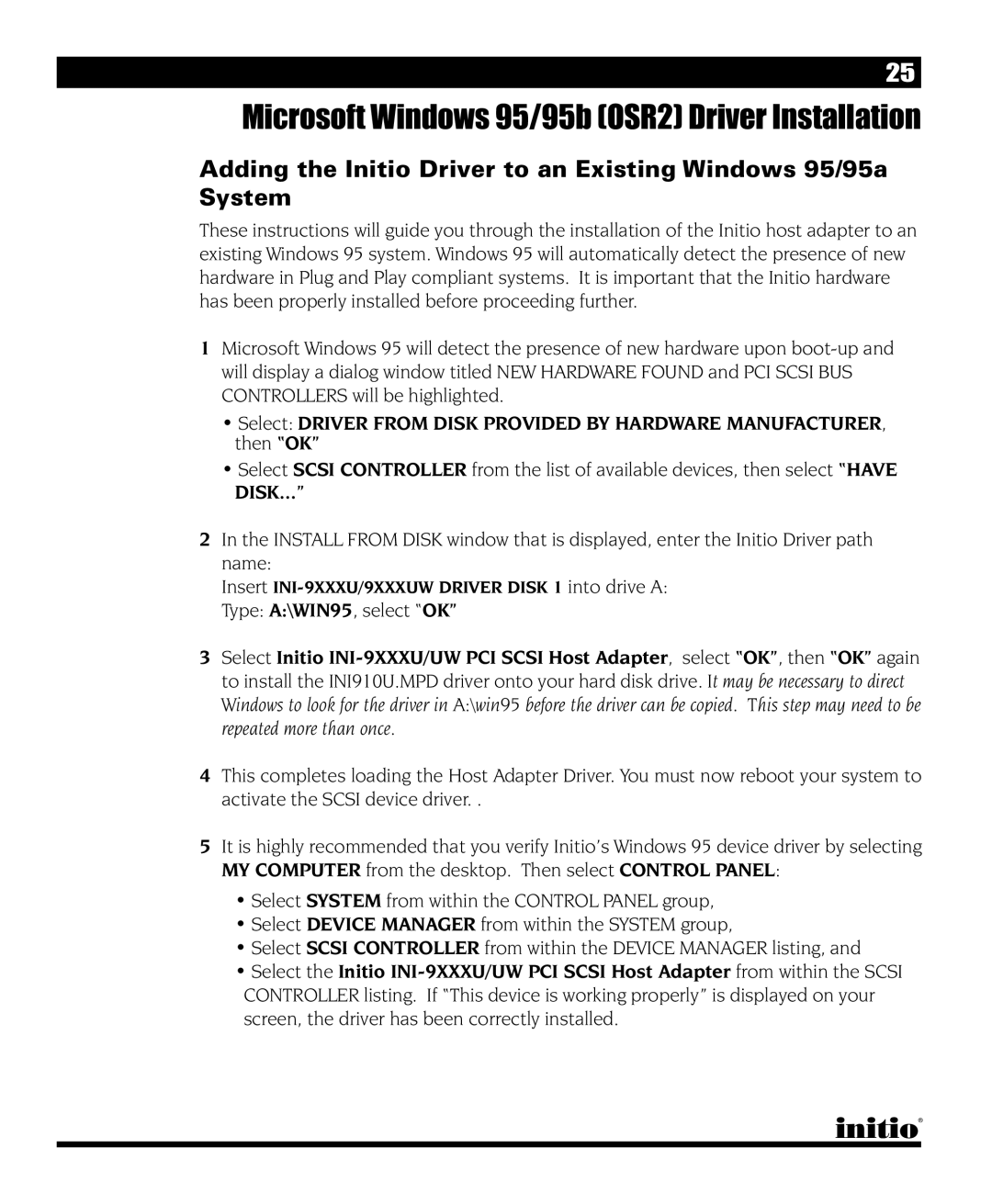 Initio I/O HIGHWAY manual Microsoft Windows 95/95b OSR2 Driver Installation 