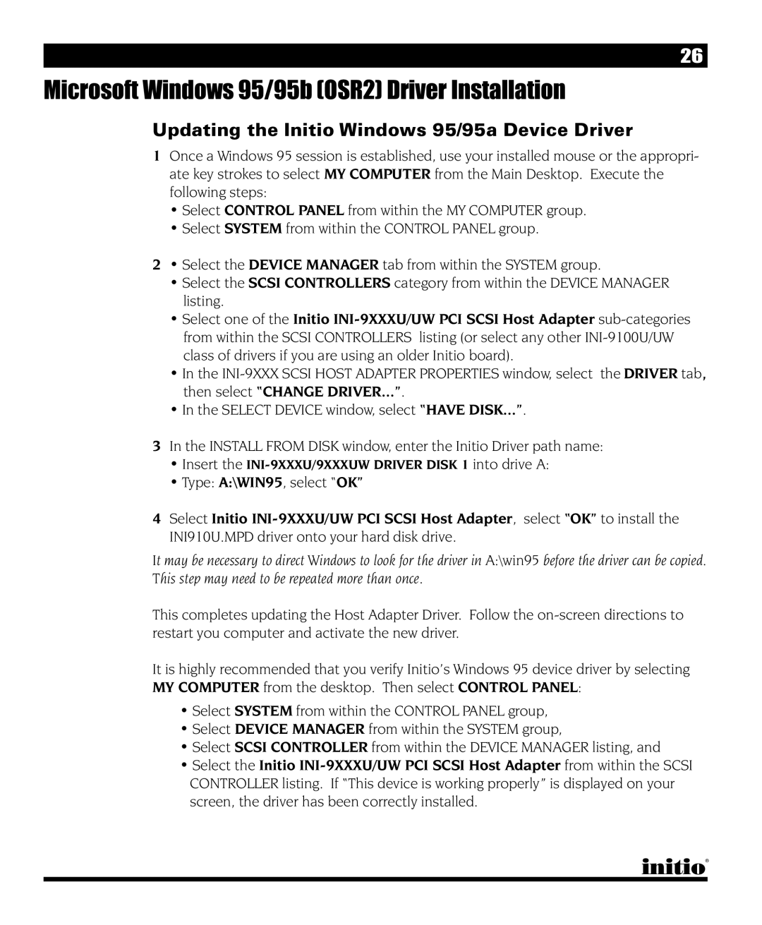 Initio I/O HIGHWAY manual Updating the Initio Windows 95/95a Device Driver 